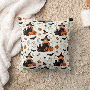 Cute Halloween Witches & Black Cats Throw Pillow