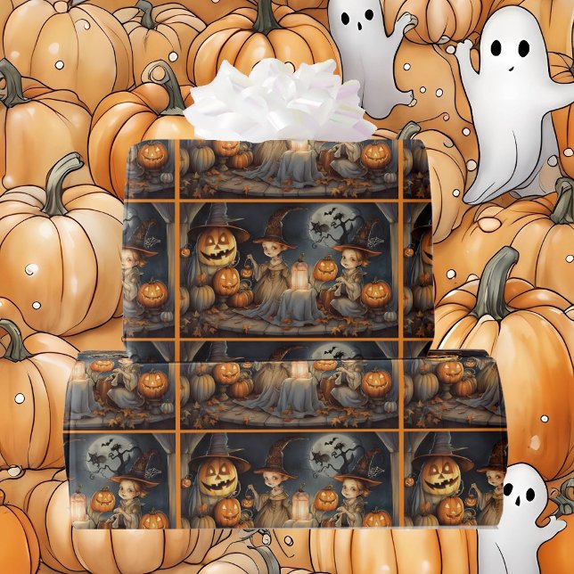 Cute Halloween Witches & Pumpkins Birthday Wrapping Paper (Creator Uploaded)