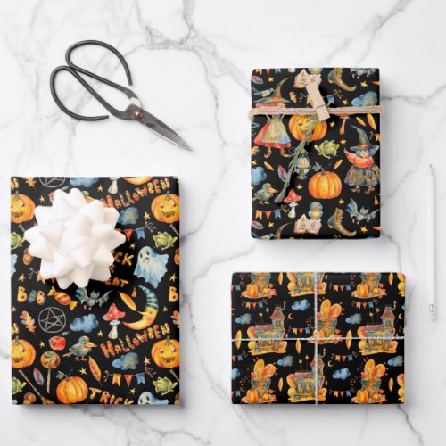 Cute Halloween  Witches Pumpkins Ghosts Haunted Wrapping Paper Sheets
