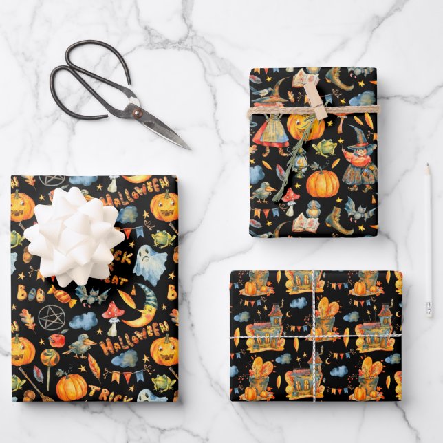 Cute Halloween | Witches Pumpkins Ghosts Haunted Wrapping Paper Sheets (Front)