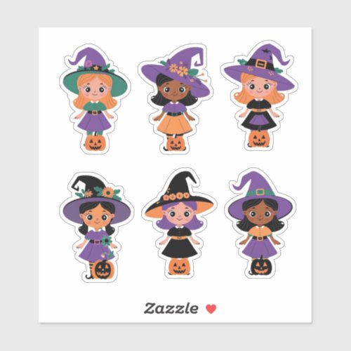 Cute Halloween Witches with Pumpkins Sticker Sheet