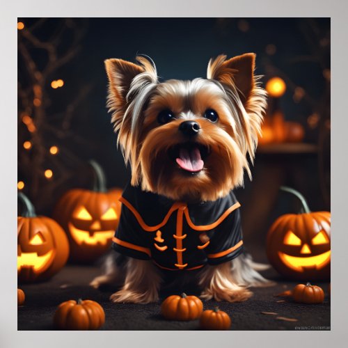 Cute Halloween Yorkshire Terrier Puppy Dog Pumpkin Poster