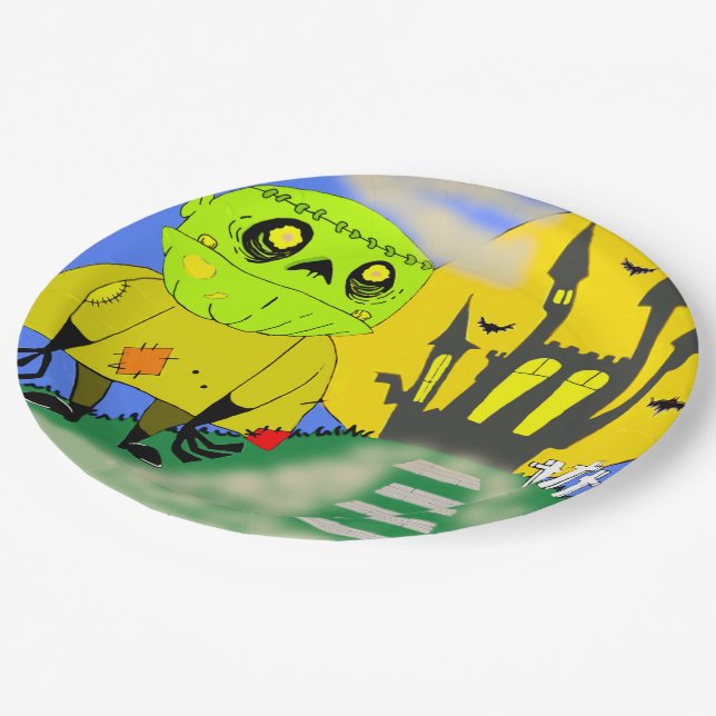 Cute Halloween Zombie and Castle Paper Plates (Angled)