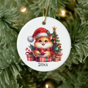 Cute Hamster add date and message Christmas  Ceramic Ornament