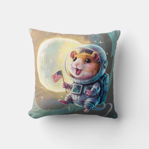 Cute Hamster as Astronaut from USA in Space  Moon Throw Pillow