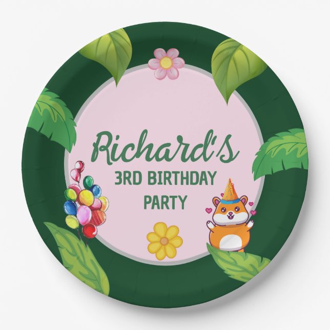 Cute Hamster Botanical Themed Kid's Birthday Party Paper Plates (Front)