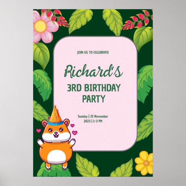 Cute Hamster Botanical Themed Kid's Birthday Party Poster (Front)