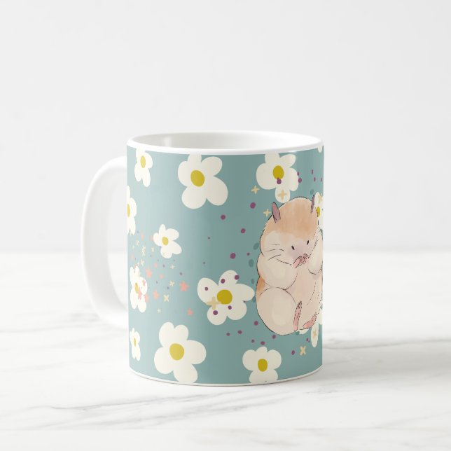 Cute Hamster & Daisy Pattern Mug – Sweet PastelMug (Front Left)