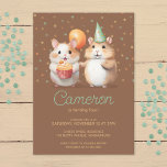 Cute hamster duo kid's birthday celebration invitation<br><div class="desc">Make your child's birthday party extra special with our charming hamster-themed invitation! Featuring two adorable hamsters, one holding a yellow cupcake and the other with a green party hat and orange balloon, this invitation sets the stage for a fun-filled celebration. The background is a warm brown color, adorned with watercolor...</div>