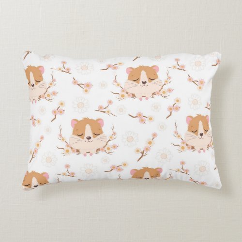 Cute Hamster Face and Pink Flowers Pattern Accent Pillow