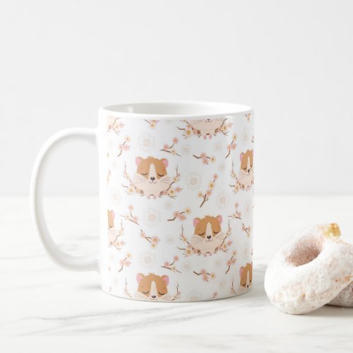 Cute Hamster Face and Pink Flowers Pattern Coffee Mug