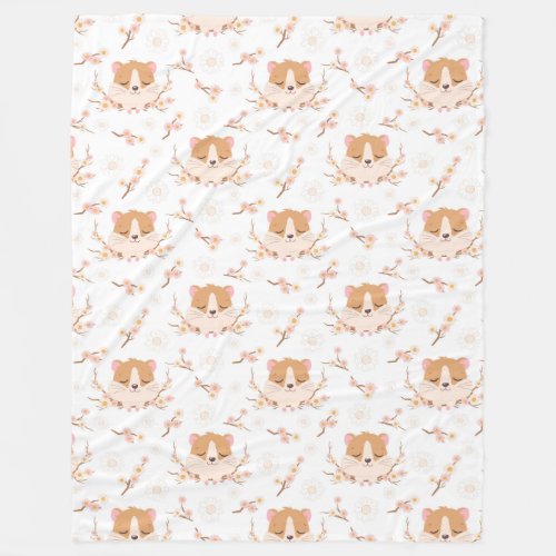 Cute Hamster Face and Pink Flowers Pattern Fleece Blanket