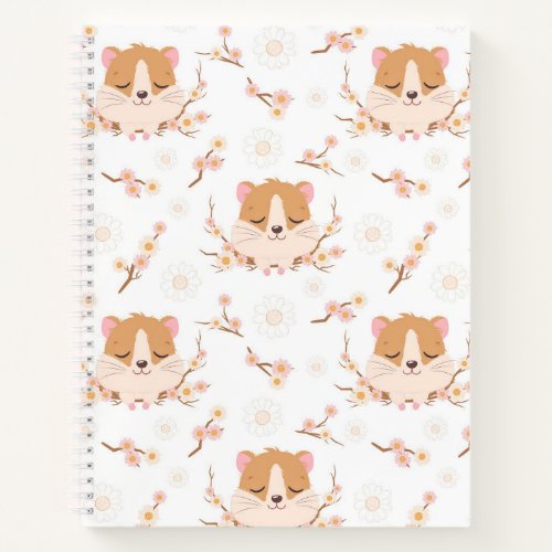 Cute Hamster Face and Pink Flowers Pattern Notebook