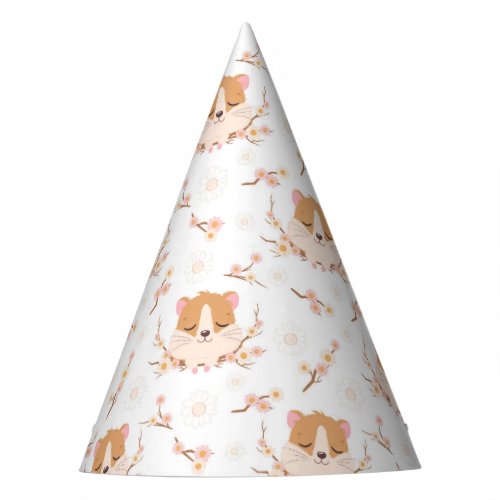 Cute Hamster Face and Pink Flowers Pattern Party Hat