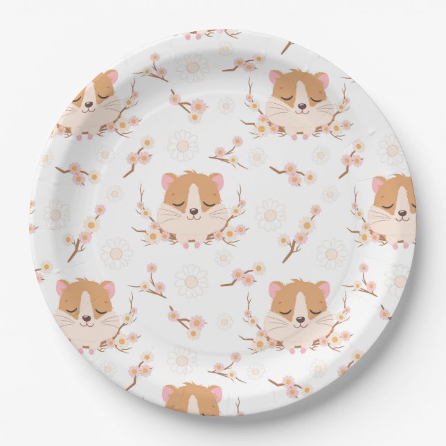 Cute Hamster Face and Pink Flowers Pattern Party Paper Plates (Front)
