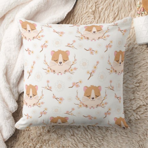Cute Hamster Face and Pink Flowers Pattern Throw Pillow