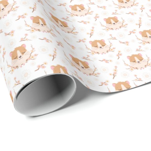 Cute Hamster Face and Pink Flowers Pattern Wrapping Paper