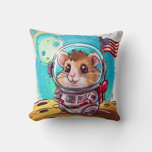 Cute Hamster from USA Landing on Moon Throw Pillow