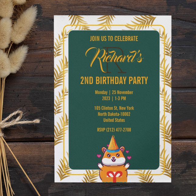 Cute Hamster Green Themed Kid's Birthday Party Invitation (Creator Uploaded)