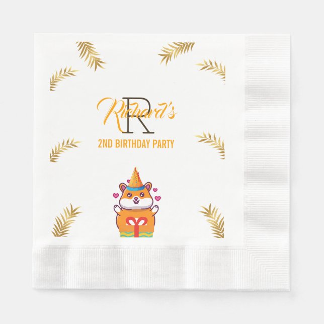 Cute Hamster Green Themed Kid's Birthday Party Napkins (Front)