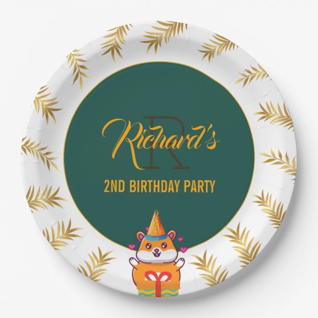 Cute Hamster Green Themed Kid's Birthday Party Paper Plates (Front)