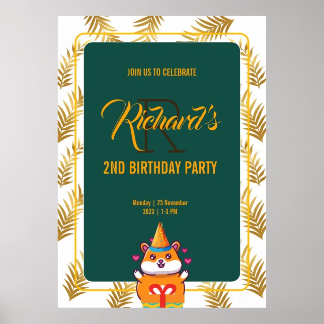 Cute Hamster Green Themed Kid's Birthday Party Poster (Front)