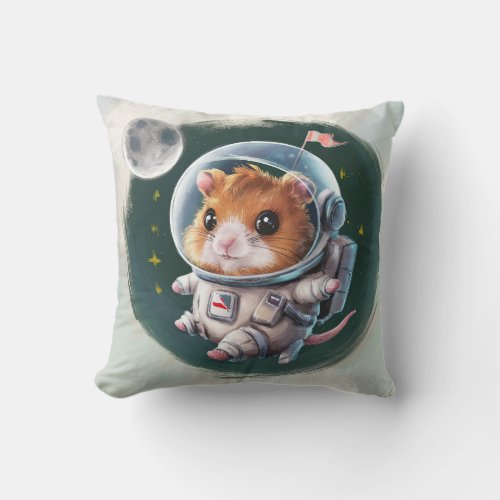 Cute Hamster in Space Exploration of Moon Throw Pillow