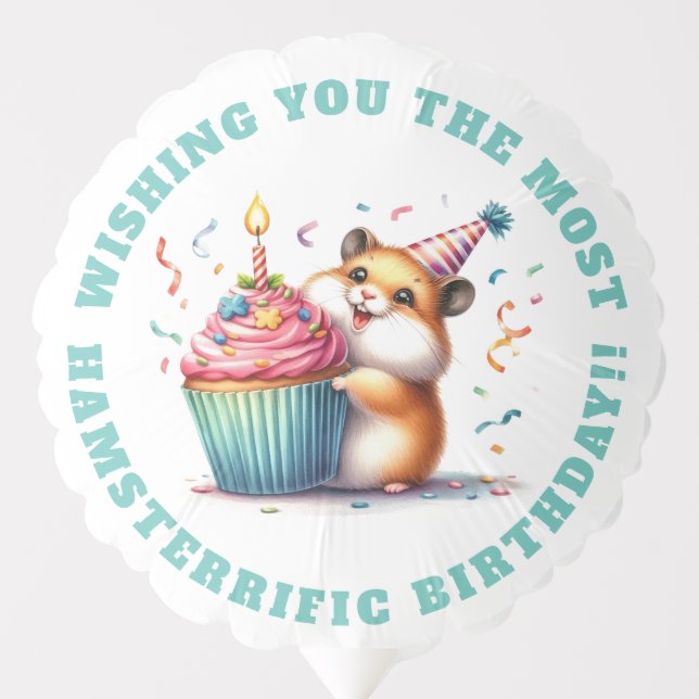 Cute Hamster Lifting Cupcake Hamsterrific Birthday Balloon (Front)