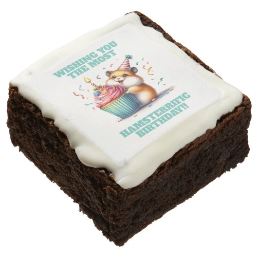 Cute Hamster Lifting Cupcake Hamsterrific Birthday Brownie (Angled)
