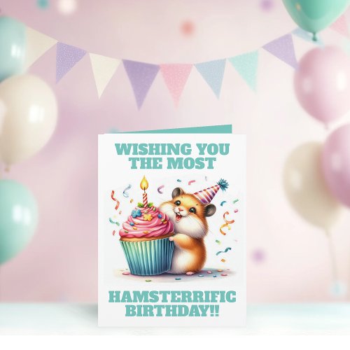 Cute Hamster Lifting Cupcake Hamsterrific Birthday Card