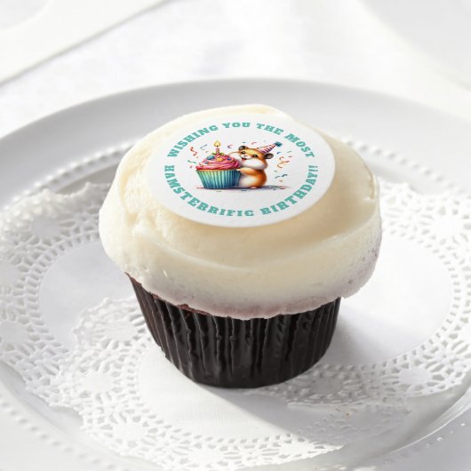 Cute Hamster Lifting Cupcake Hamsterrific Birthday Edible Frosting Rounds (Cupcake)