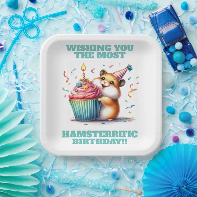 Cute Hamster Lifting Cupcake Hamsterrific Birthday Paper Plates (Party)