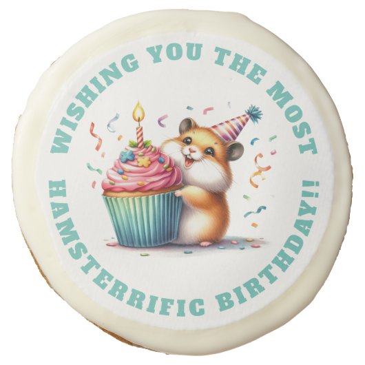 Cute Hamster Lifting Cupcake Hamsterrific Birthday Sugar Cookie (Front)