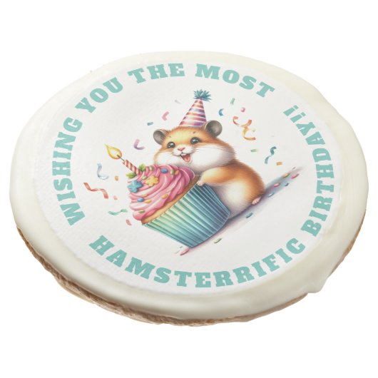 Cute Hamster Lifting Cupcake Hamsterrific Birthday Sugar Cookie (Angled)
