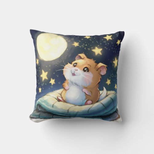 Cute Hamster on Mattress Enjoys Full Moon Light Throw Pillow