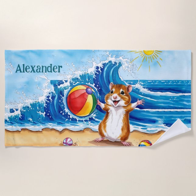Cute Hamster Personalized Beach Towel (Front)