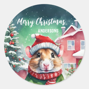 Cute Hamster rat Christmas birthday snow party Classic Round Sticker