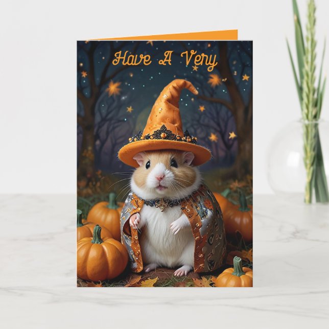 Cute Hamster Witch Halloween Greeting Card (Front)
