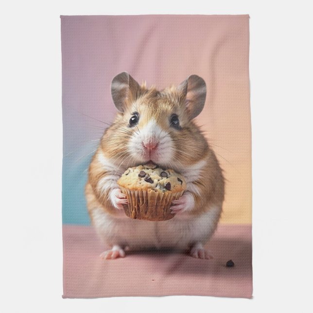 Cute Hamster With Chocolate Chip Muffin Pastel  Kitchen Towel (Vertical)