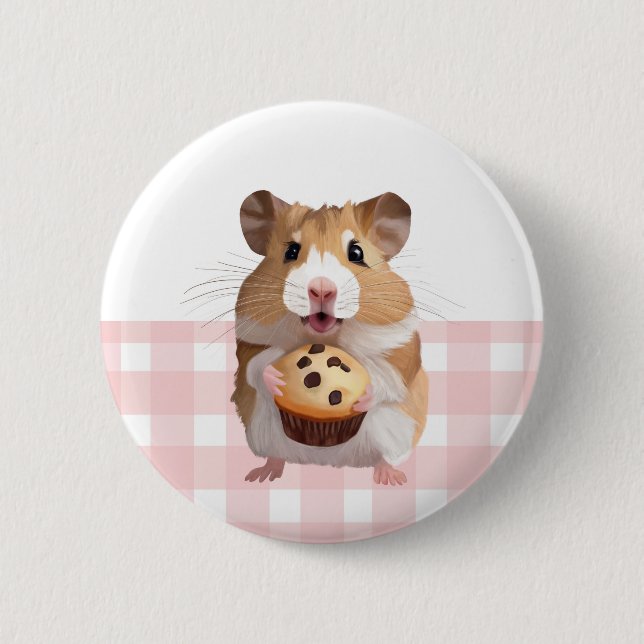 Cute Hamster With Muffin Pink Gingham Check Button (Front)