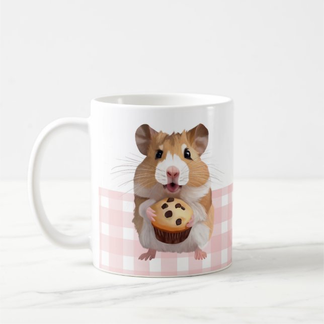 Cute Hamster With Muffin Pink Gingham Check Coffee Mug (Left)