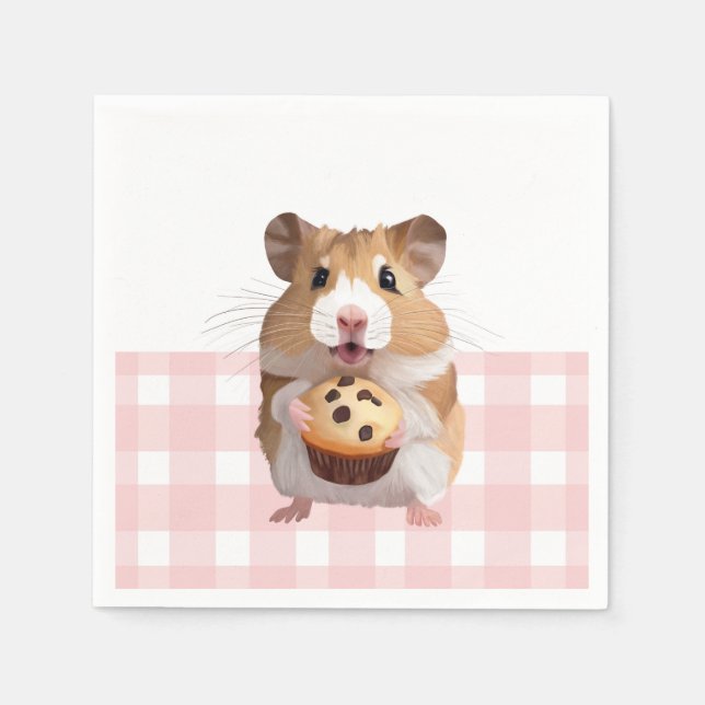 Cute Hamster With Muffin Pink Gingham Check Napkins (Front)