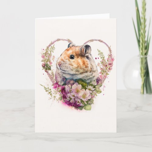 Cute Hamster with Pink Flowers Valentines Day Holiday Card