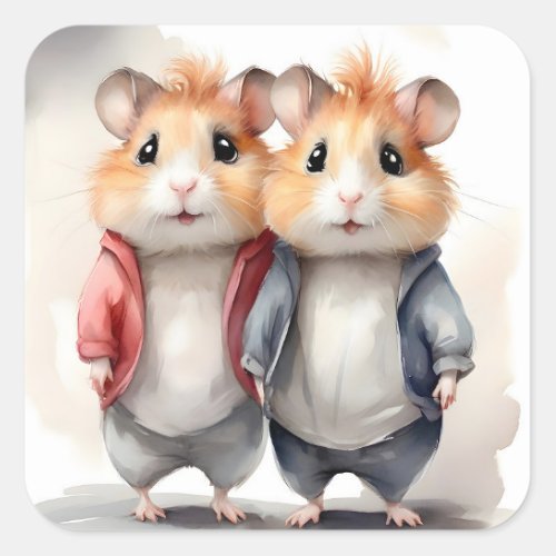 Cute Hamsters Jackets Best Pals Friends Portrait  Square Sticker