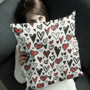 Cute Hand Draw Red and Black Heart pattern White Throw Pillow
