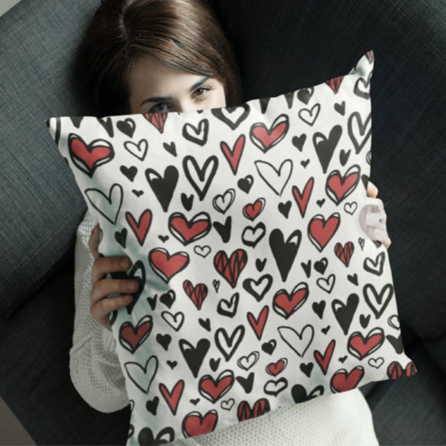 Cute Hand Draw Red and Black Heart pattern White Throw Pillow (Creator Uploaded)