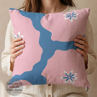Cute Hand Drawn Abstract Flower Vibrant Blue Pink Throw Pillow