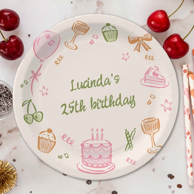 Cute Hand Drawn Birthday Icons Party Paper Plates (colourful, whimsical, hand-drawn birthday icons paper plate )