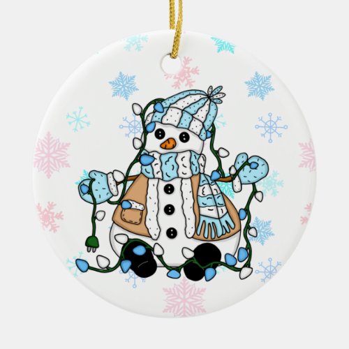 Cute Hand Drawn Blue Snowman Christmas Ceramic Ornament