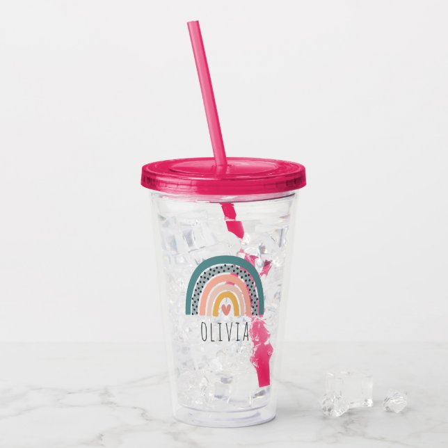 Cute Hand Drawn Boho Rainbow Personalized Acrylic Tumbler (Front Ice)
